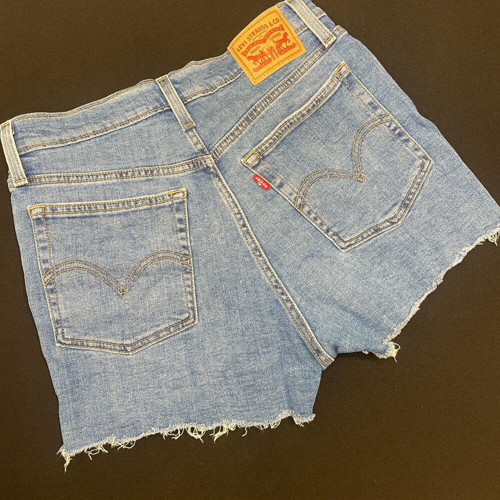 ~ Levi's 29 Jean Shorts Cut Off Hi-Rise Med Wash Distressed Frayed Raw Rips Blue - Picture 4 of 13
